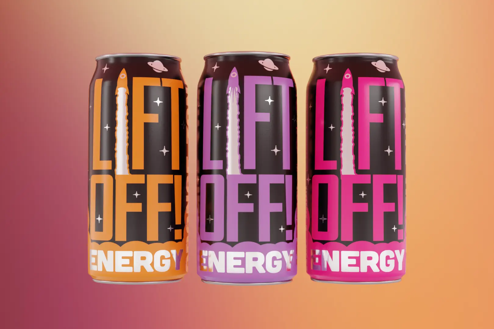 Three flavors of Lift Off Energy drink cans