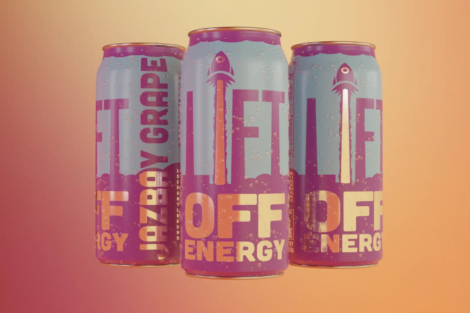 Earlier version of Lift Off Energy drink can floating in a peachy gradient space.