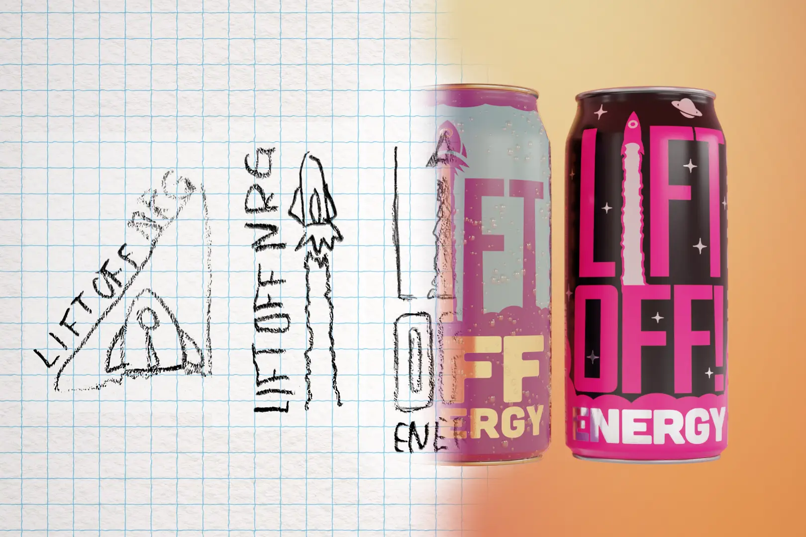 Composite image of a sketch of an energy drink can label design transitioning to a final rendering of the can label.