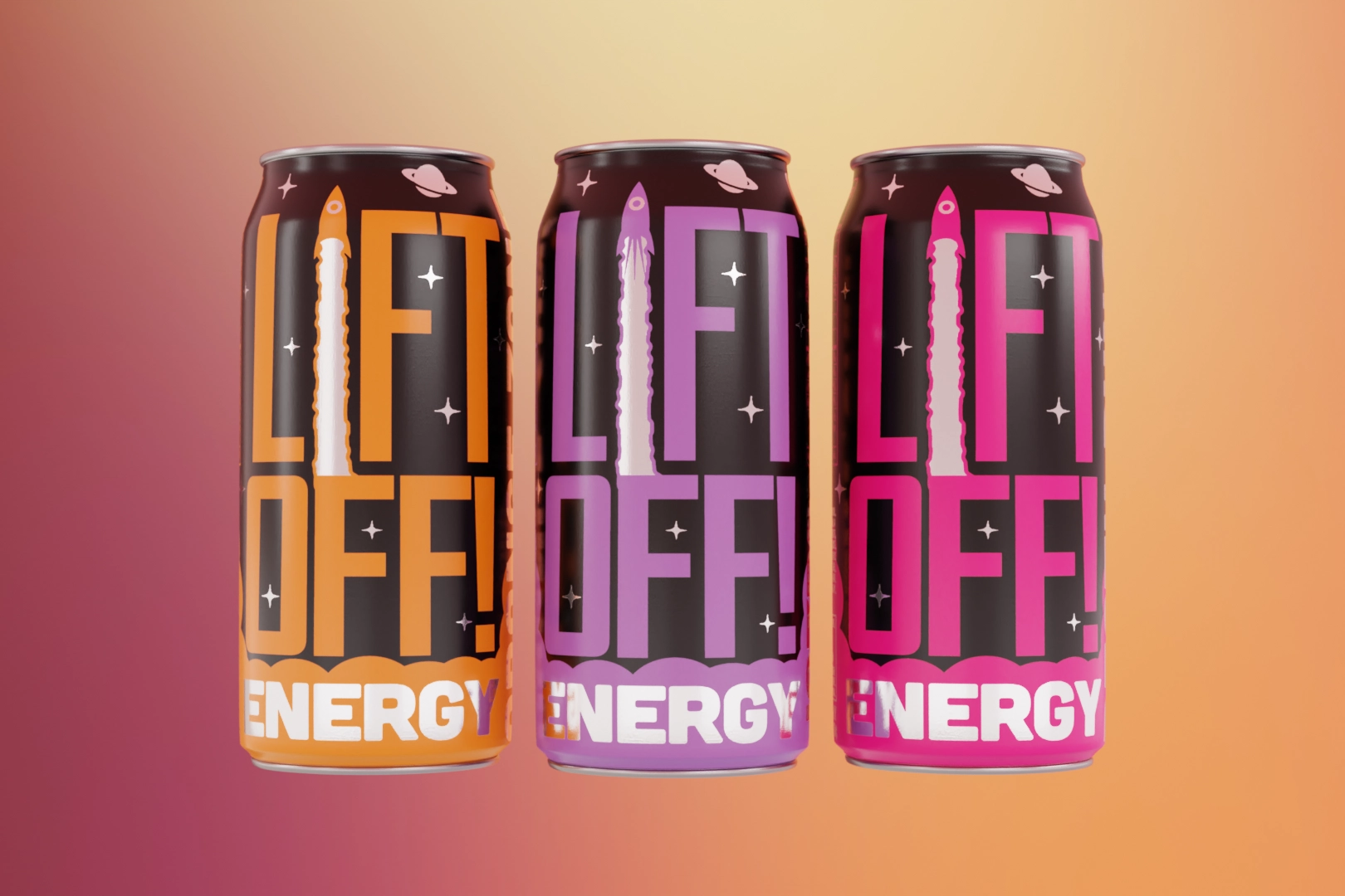 3 Energy drink cans floating in a peachy gradient space.