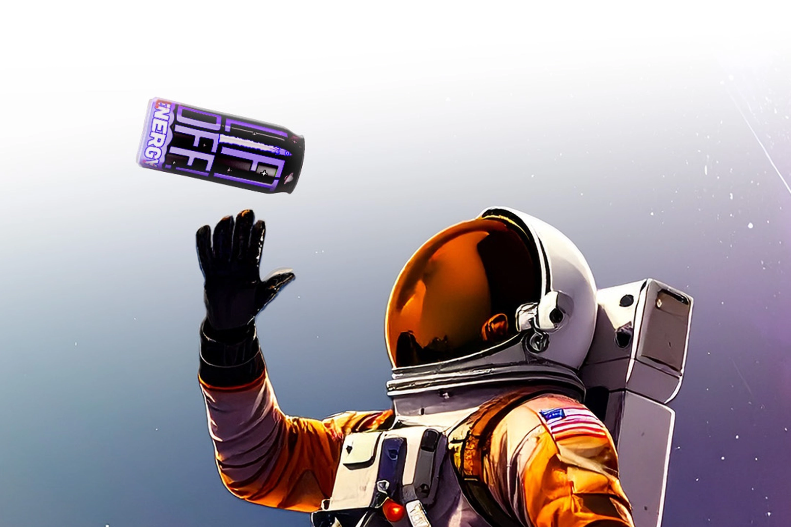 Earlier version of Lift Off Energy drink can floating in a peachy gradient space.