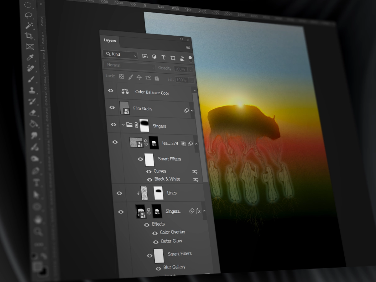 Illustration of Photoshop layers panel and tools.